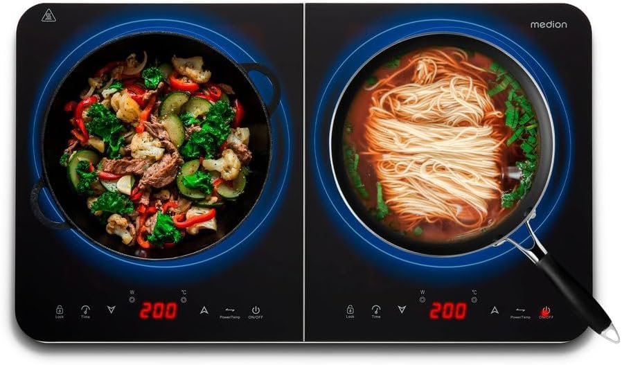 Plaque induction à 2 foyers 3500 Watt, plaque 2 feux avec 10 niveaux de température, plaque de cuisson double avec écran LED, MD18493, noir