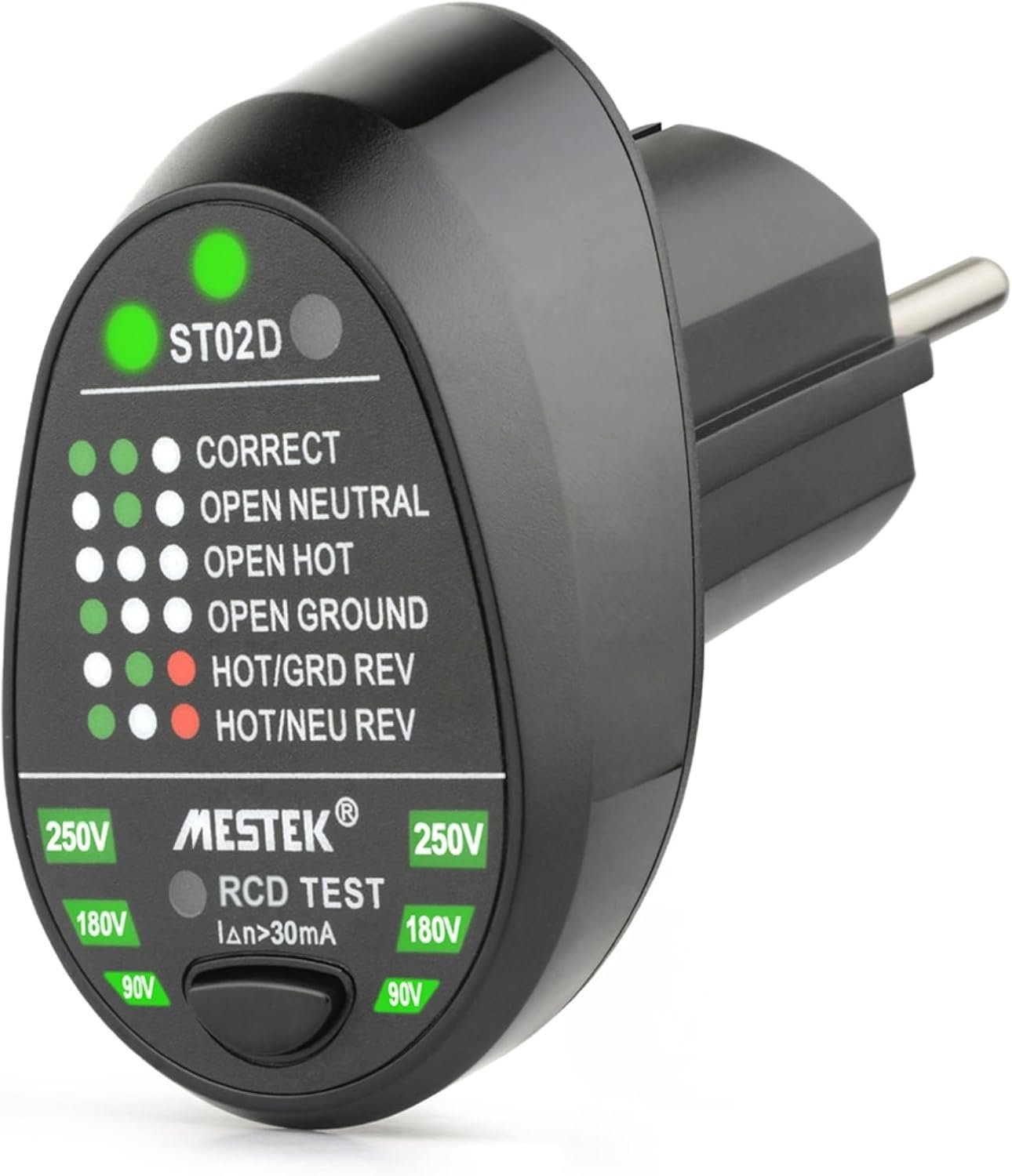 Testeur de prise électrique EU avec détecteur automatique de polarité, vérification du câblage phase-neutre-terre et fonction de test du disjoncteur différentiel (RCD), idéal pour contrôler la sécurité des installations électriques.