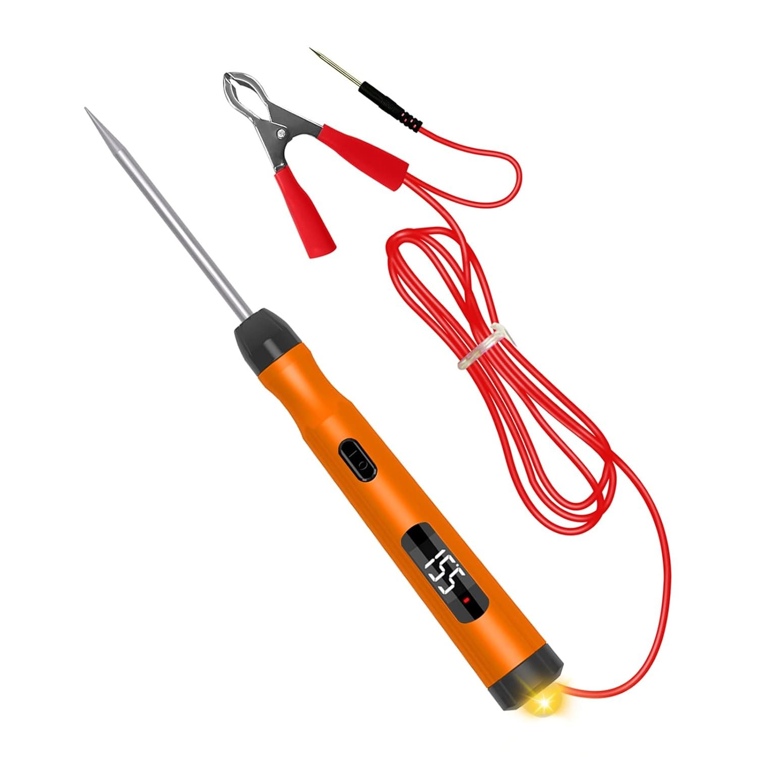 Testeur de tension automobile 6 V, 12 V et 24 V avec écran LCD, fonction de détection de polarité, lampe intégrée et testeur de fusibles, idéal pour le diagnostic et le contrôle des circuits électriques des véhicules.