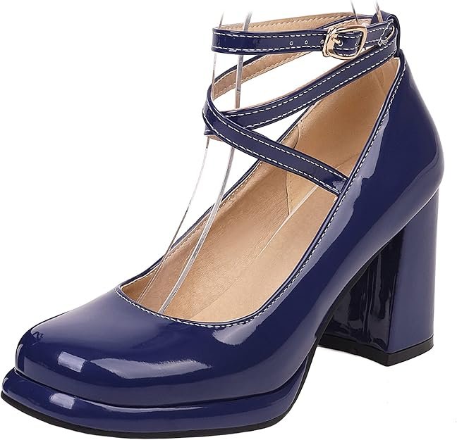 Escarpins Femme Talon Carré Bout Rond Bride Cheville Vernis