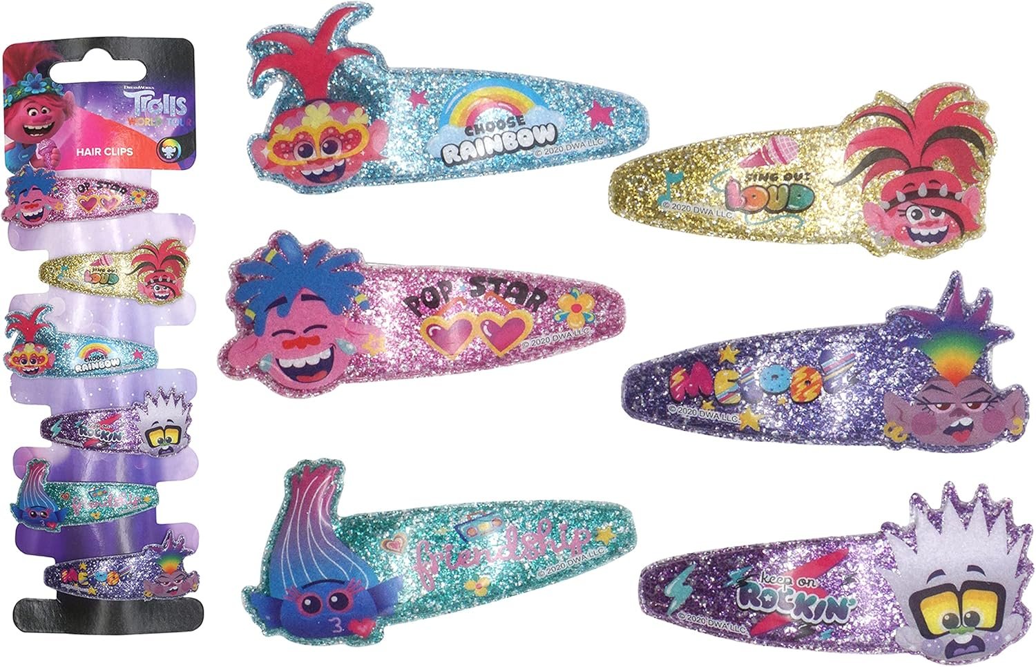 Lot de 6 barrettes à cheveux Trolls à paillettes en métal sans accroc, pour enfants, cadeau de Noël, accessoires pour cheveux, pinces à cheveux antidérapantes 5 cm
