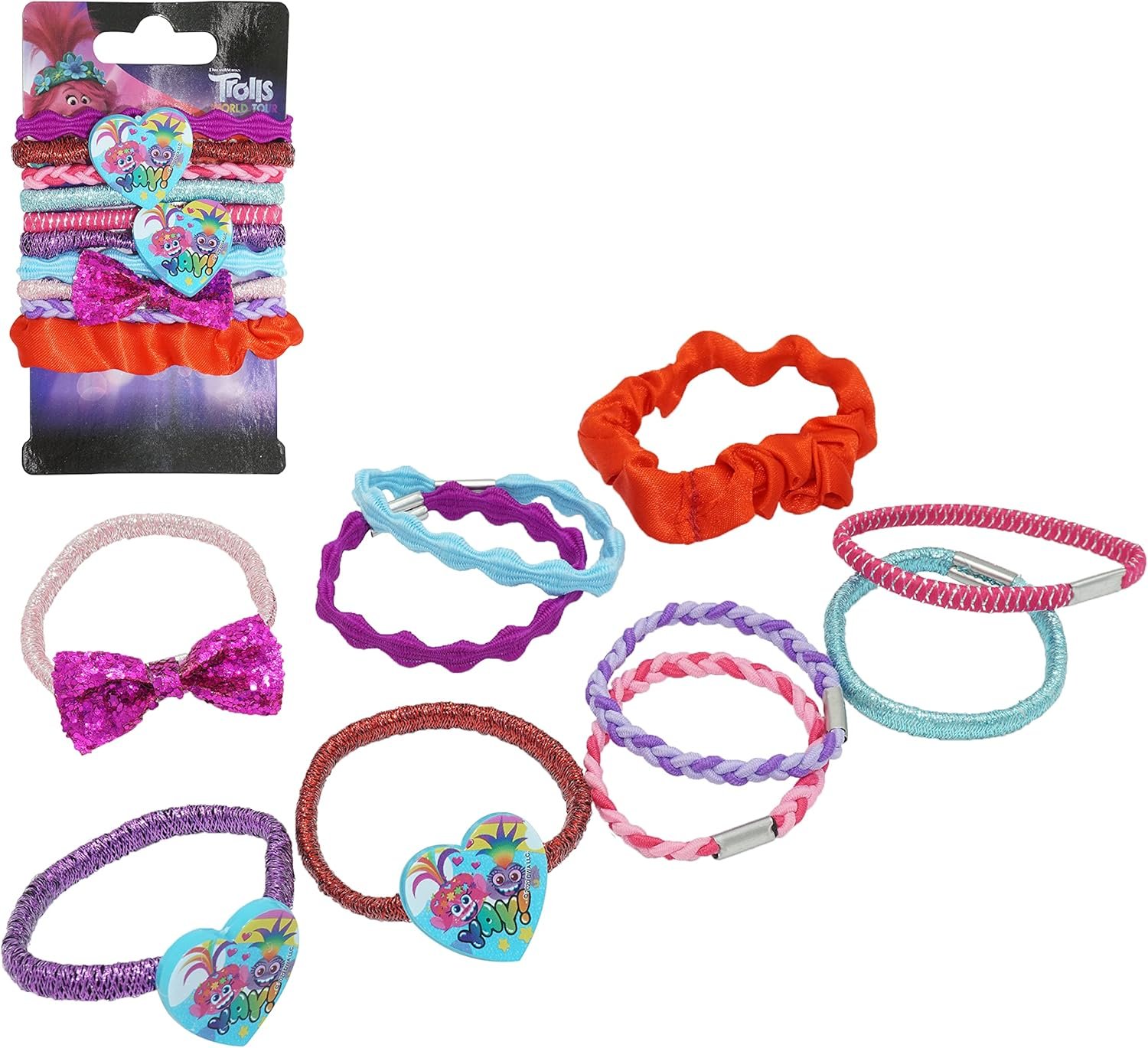 Lot de 10 chouchous à cheveux Trolls simples ou avec nœud et breloques, accessoires de cheveux multicolores, élastiques à cheveux pour enfants filles assortis