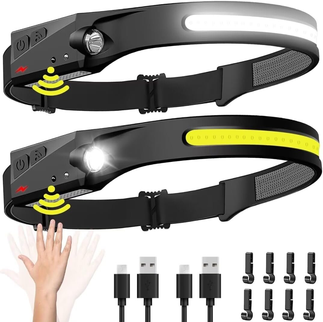 Lampe frontale rechargeable 2PCS, lampe de tête de faisceau large de 230 ° LED avec capteur de mouvement pour les adultes - Accessoires de camping Équipement, lampe de poche imperméable pour la randonnée, course, réparation, pêche, vélo