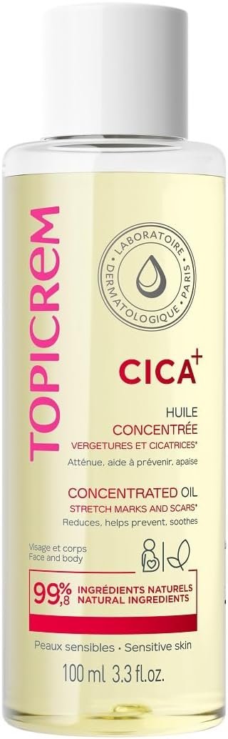 Topicrem - CICA+, Huile Concentrée Vergetures et Cicatrices - Atténue, Aide à Prévenir, Apaise, Hydrate 24h - Soin Visage et Corps pour Peaux Sensibles - 100ml