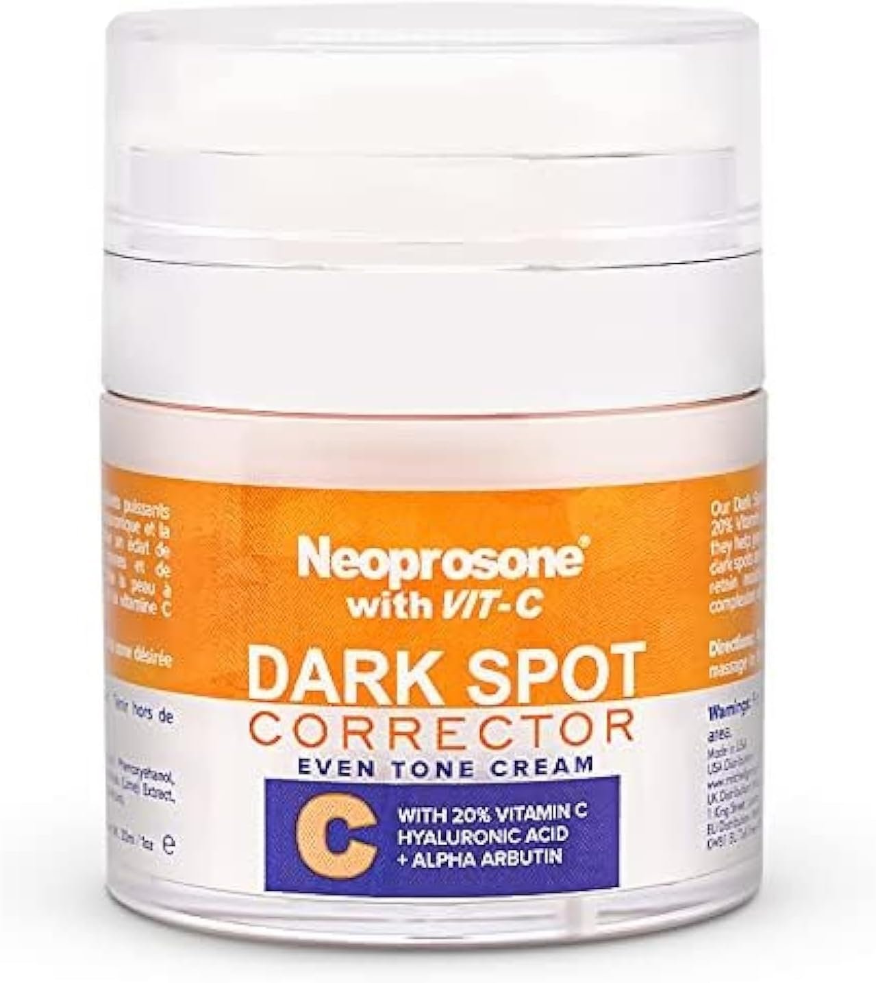 Neoprosone 20% Vitamin C Dark Spot Corrector Cream - 1 Fl oz / 30ml - Skin Brightening Gel Cream for Sun Spots, with Hyaluronic Acid, Vitamin E