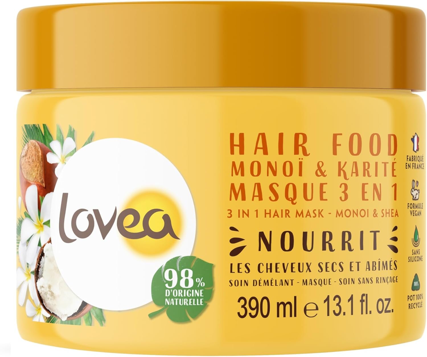 Hair Food - Masque 3 En 1 - Monoï & Karité - Nourrit, Répare & Démêle - Cheveux Secs Et Abimés - 98% D'Origine Naturelle - Sans Silicone - Vegan - Fabriqué En France - 390 ml