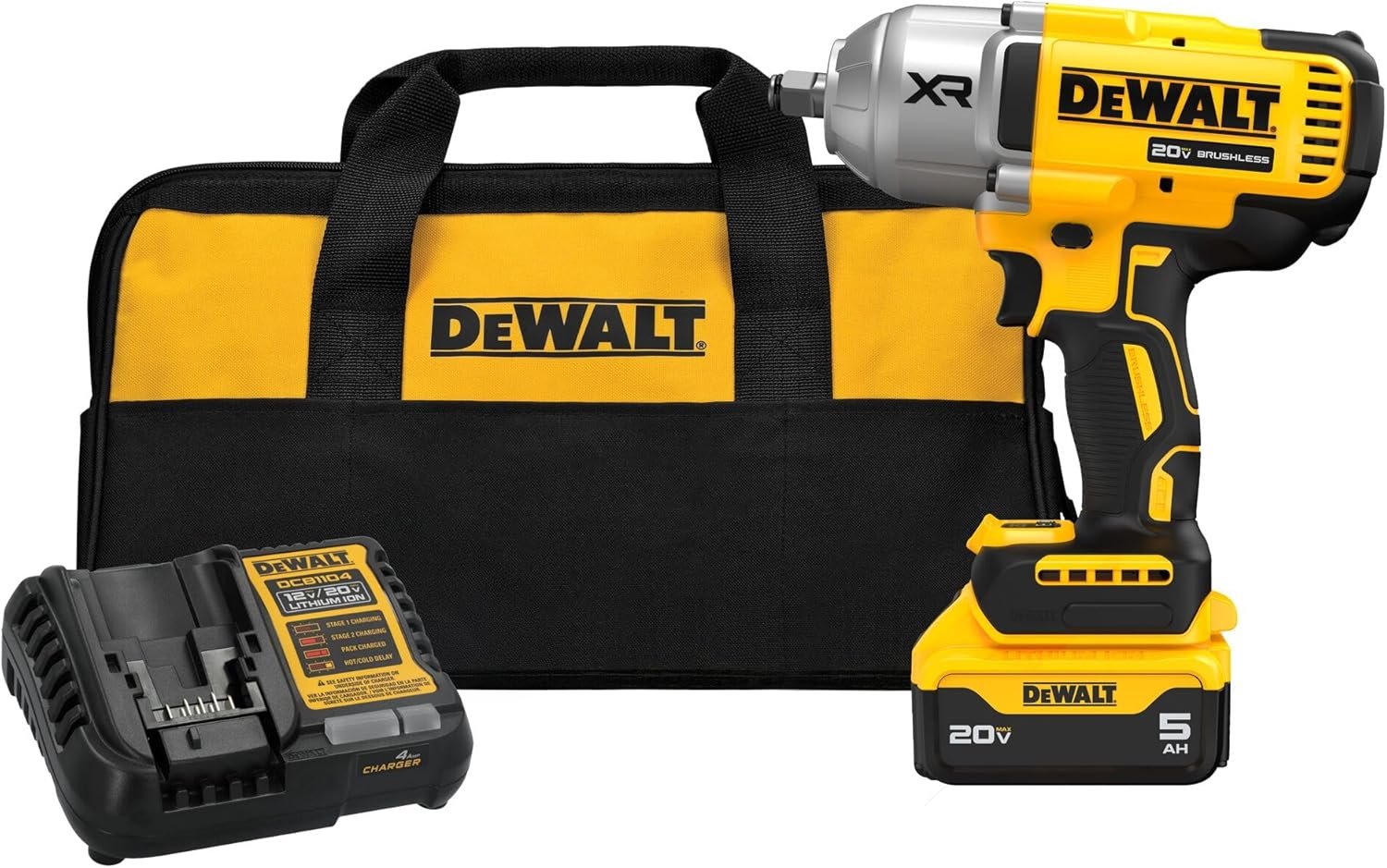 DEWALT 20V MAX Cordless Impact Wrench with Hog Ring Anvil, Brushless High Torque 1/2 Impact Gun, 4-Mode Speed, Includes Battery, Charger and Kit Bag (DCF900P1)