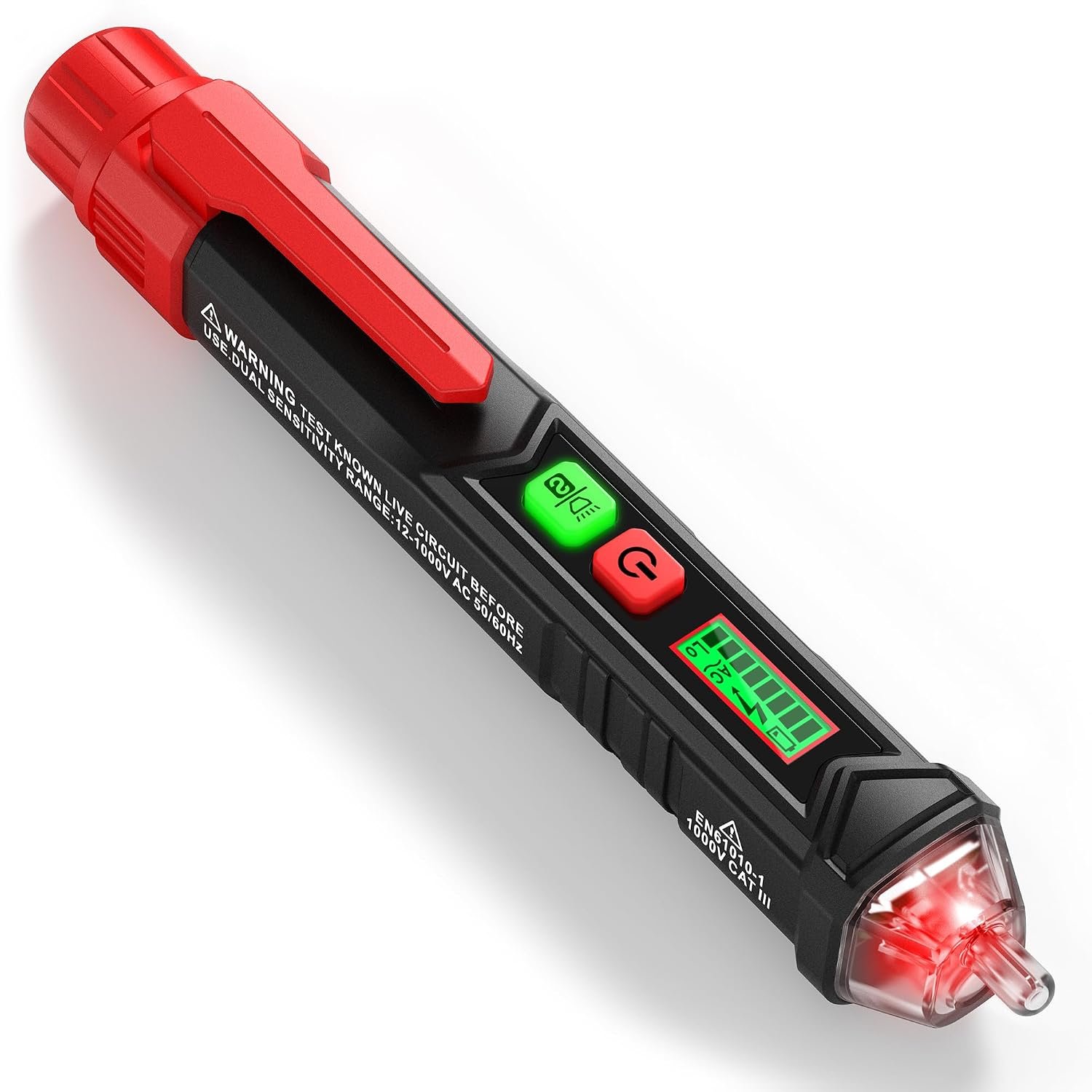 Stylo Testeur de Tension NCV sans Contact, 12–1000V / 48–1000V AC, Détection Phase et Neutre, Écran LCD, Lampe de Poche, Alarme Sonore et Lumineuse, CAT III 1000V / CAT IV 600V
