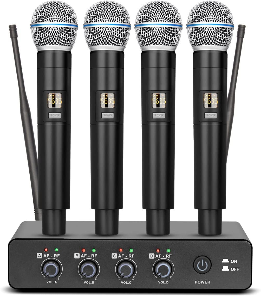 R4 Micro sans Fil Karaoke UHF Corps en métal Professionnel 4 canaux système de Microphone Portable sans Fil, adapté à la Maison KTV, église, Performance