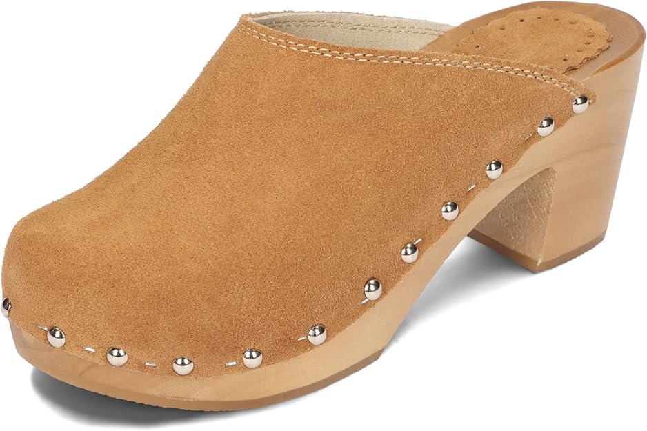 Femme Sabots Suède Talons Hauts Mules Naturel Cuir Daim Chaussures en Bois