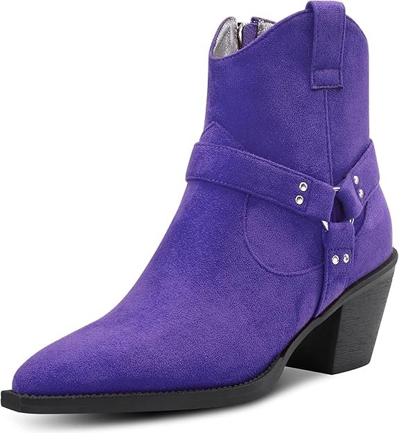 Femmes Bottines Carré Bout Bas Kitten Bloc Chunky Talon Heel Western Cowboy Suède Fermeture à Glissière Dress Chaussures 6.5 CM