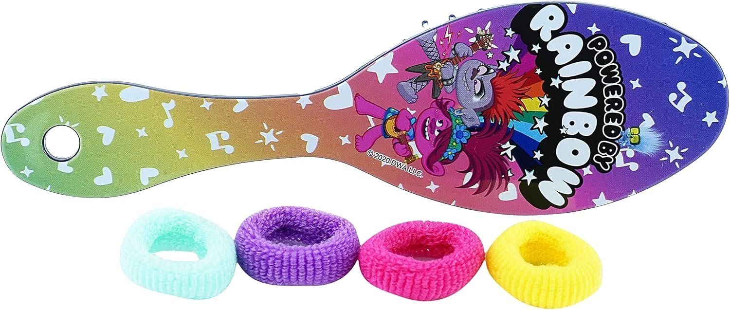 Lot de 5 accessoires à cheveux Disney Trolls, brosse à cheveux pour enfants avec 4 chouchons, accessoires pour cheveux pour filles, durables et réutilisables, taille 17,5 cm