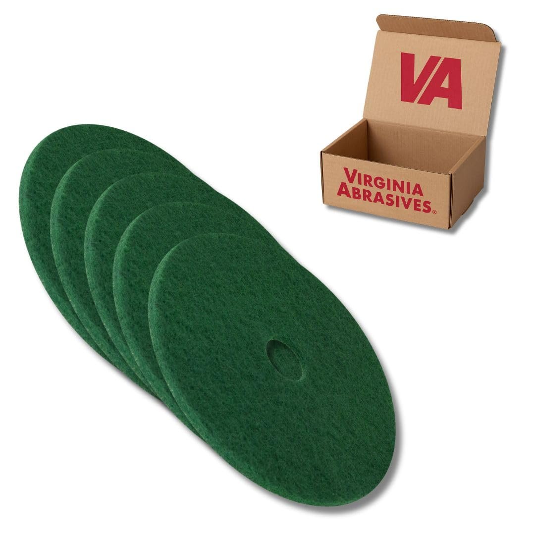 Virginia Abrasives 11" Green Floor Maintenance Pads - Heavy-Duty Non-Woven Pads for Deep Cleaning and Stripping for Orbital Machines, 5-Pack  Green Pads – Heavy-Duty Scrubbing: Aggressive pad designed for heavily soiled areas; ideal for wet scrubbing and