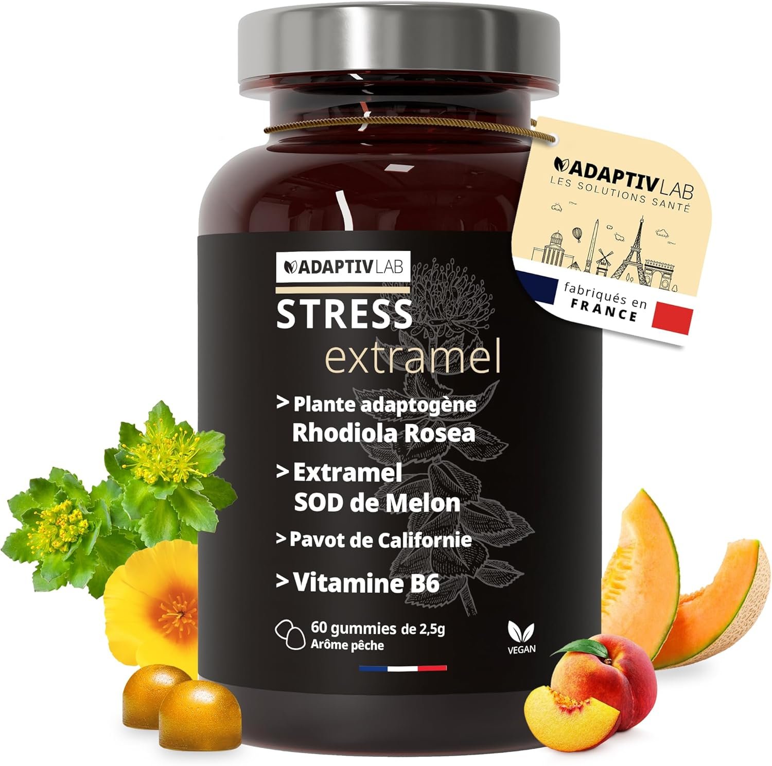 Extramel - 60 Stress Resist Gummies con Rhodiola Rosea et Vitamine B6 - Anti Stress Adulte Vegan et Végétarien Complement Alimentaire