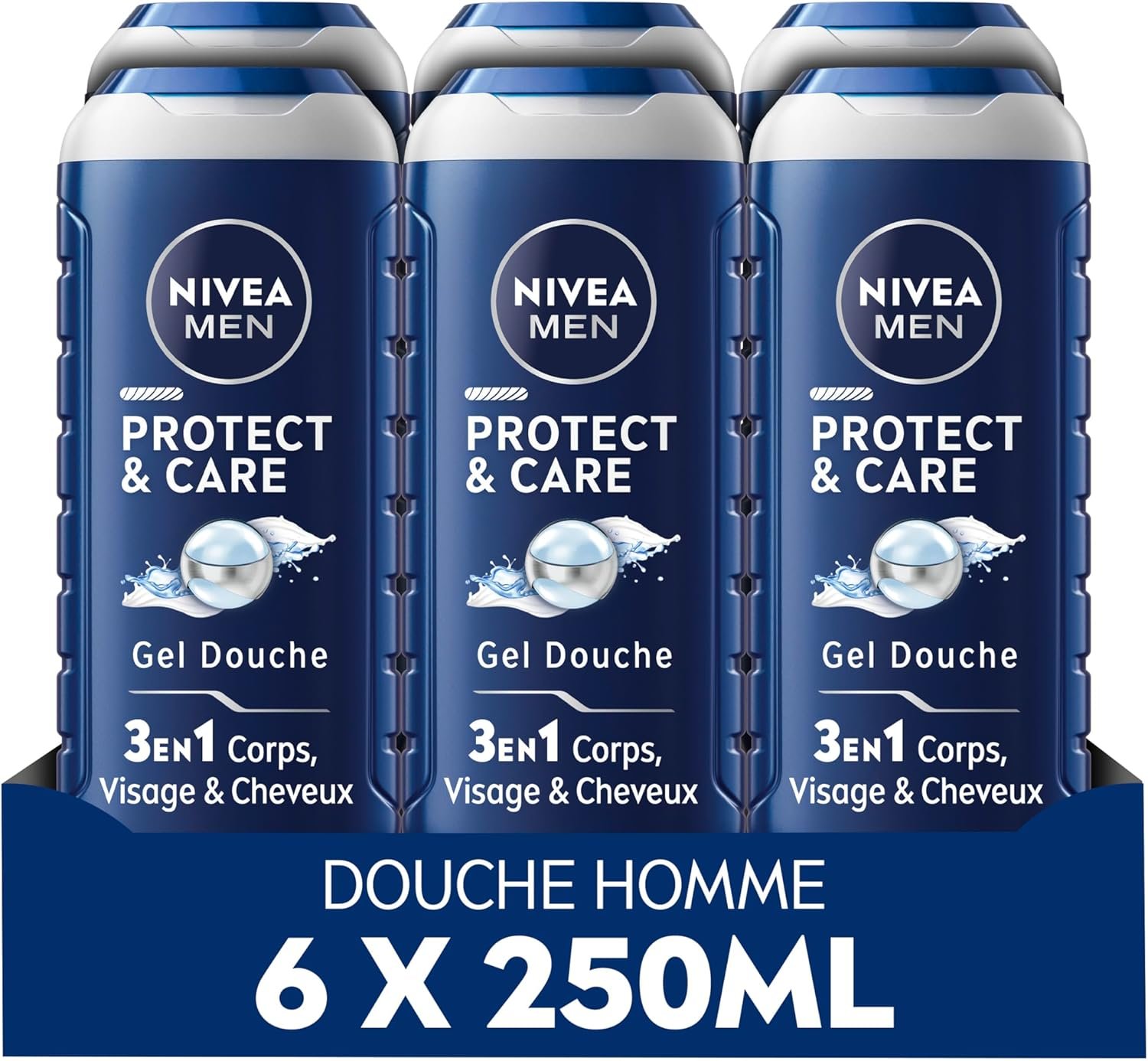 NIVEA MEN Gel douche Protect & Care (lot 6x250 ml) — Soin lavant enrichi en Aloe Vera naturel — Gel douche homme 3 EN 1 — Soin nettoyant corps visage et cheveux à la formule hydratante