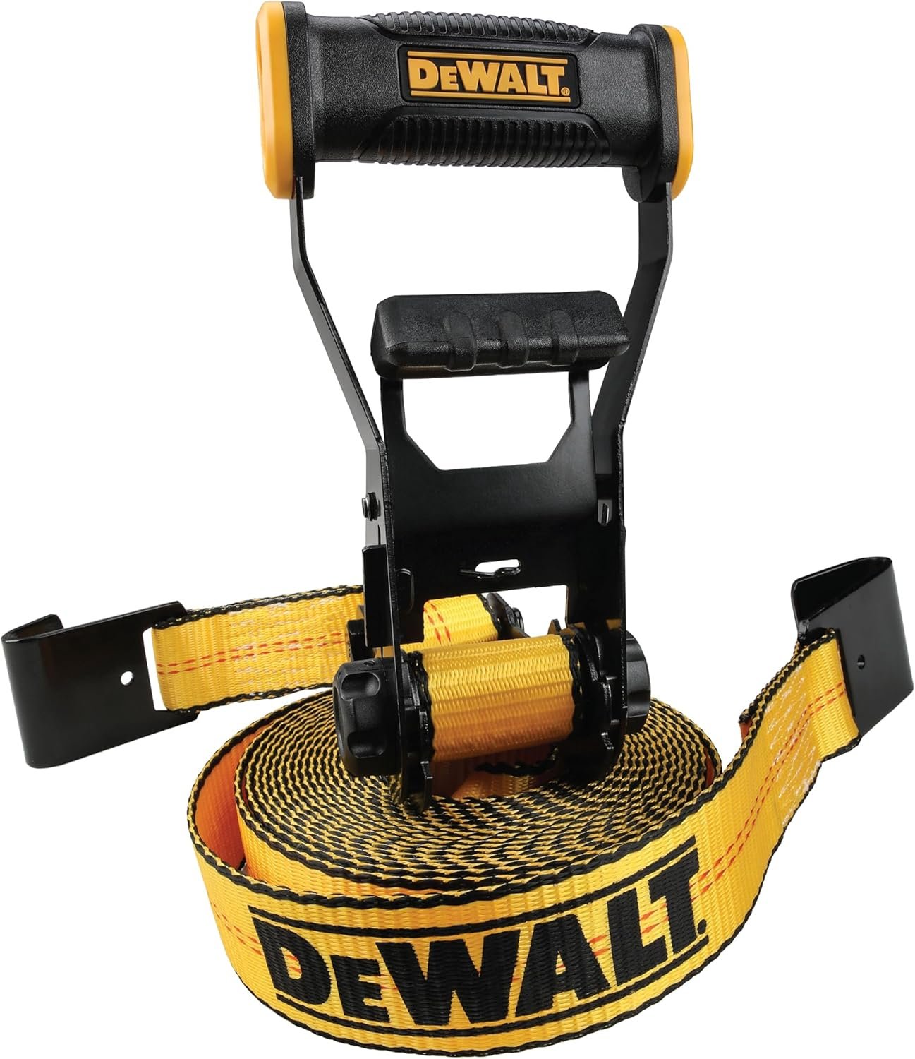 DEWALT DXBC10000F Black/Yellow 2" x 27' Ratchet Tie Down Strap with Flat Hook - Heavy-Duty Cargo Securing (10,000 lb Break Strength)