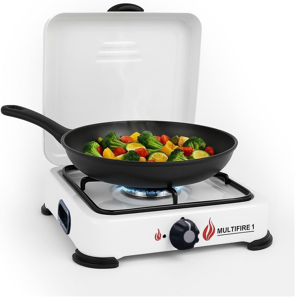 Plaque de cuisson gaz portable 1 feu 1500W Réchaud gaz butane ou propane Blanc laqué Couvercle