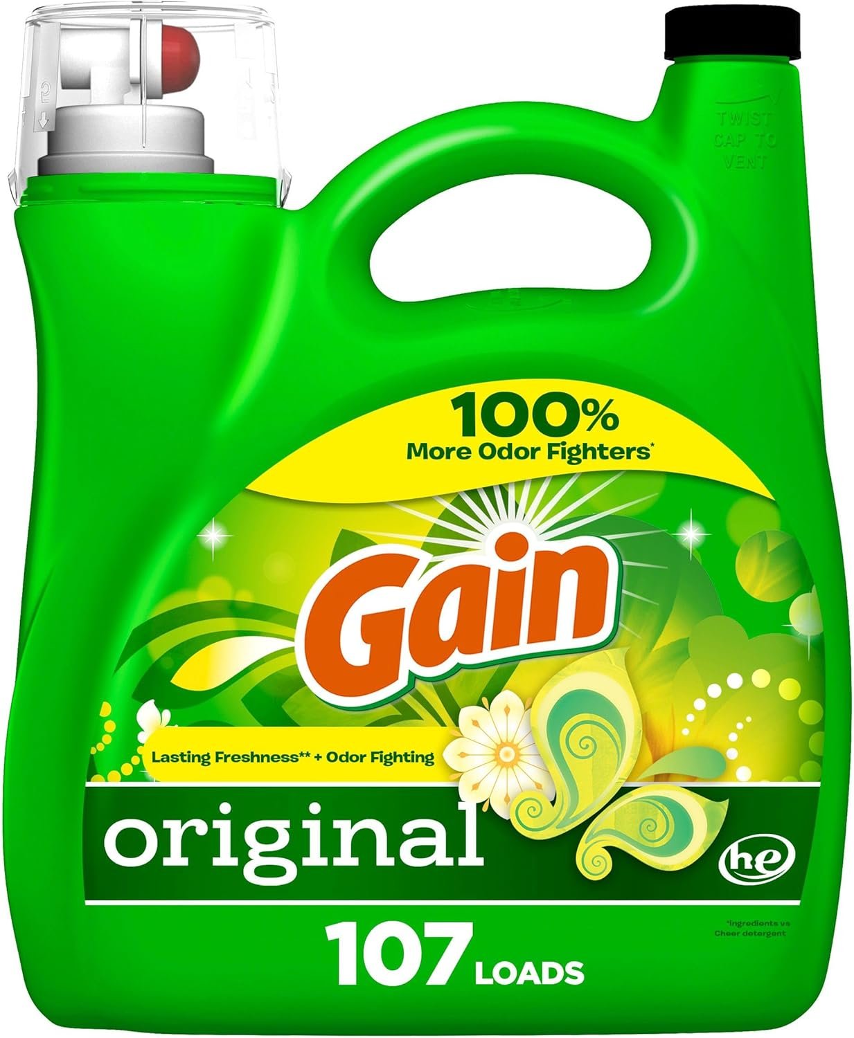Détergent à lessive liquide de gain, parfum d'origine, 154 fl oz, 107 charges, fraîcheur + combat d'odeurs, savon de nettoyage liquide de machine à laver à haut rendement