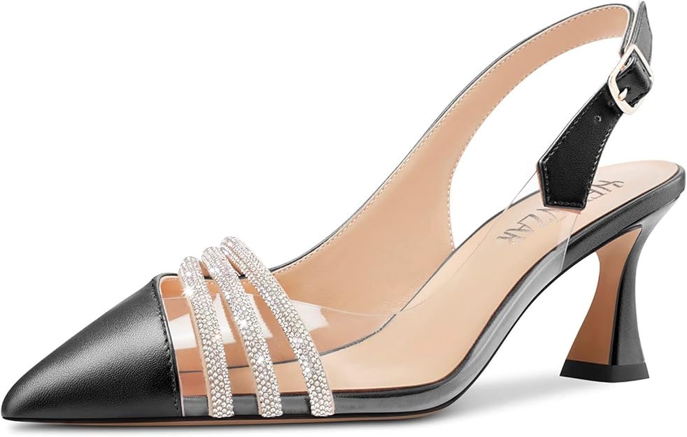 Femmes Mi Kitten Talon Heel Pointu Bout Sandales Escarpins Slingback Diamant Cristal Bureau Dress 6.5 CM Heels