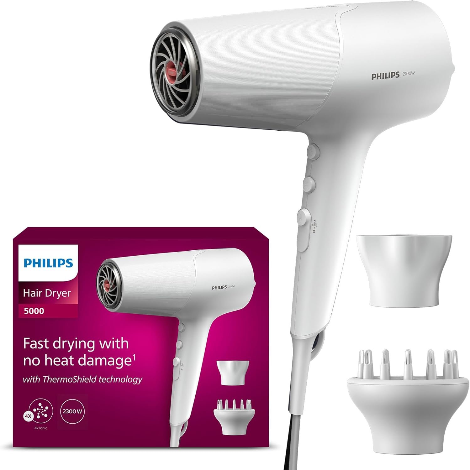 Philips 5000 Series - sèche-cheveux, technologie ThermoShield, ionique, 2 100 W, blanc, avec concentrateur et diffuseur de volume, modèle BHD500/20