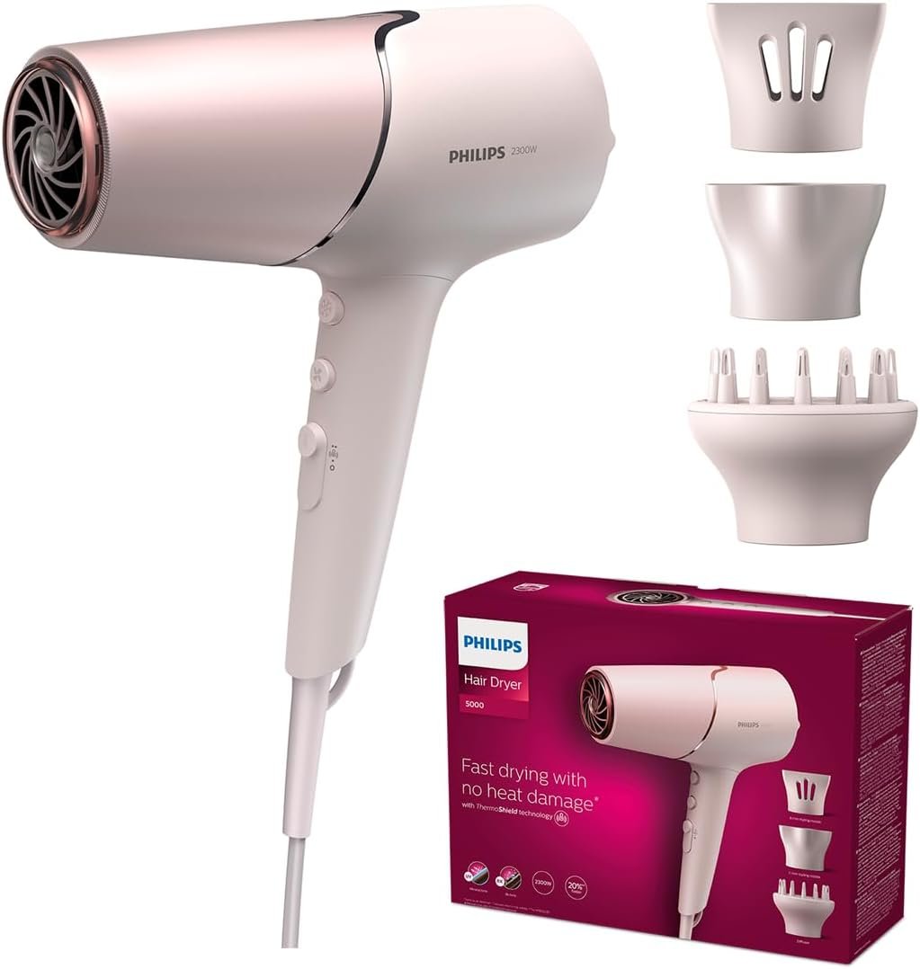 Philips Sèche-cheveux Série 5000 avec technologie ThermoShield, diffuseur de volume et concentrateurs de 9 mm et 11 mm, couleur pêche nacrée (modèle BHD530/20)