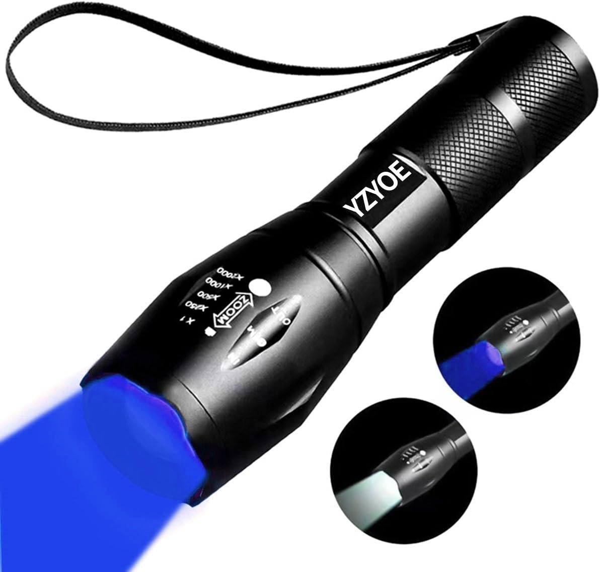 Lampe de poche rechargeable deux en un avec lumière blanche et bleue, lumière sanguine zoom extérieure pour l'observation, 2 modes [Classe énergétique A]