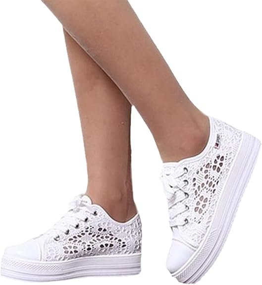 Chaussures décontractées Femmes Baskets Basses en Toile Plate Baskets brodées Dentelle Chaussures en Tissu Respirant Femmes élégantes Chaussures à Lacets Chaussures de Course Chaussures