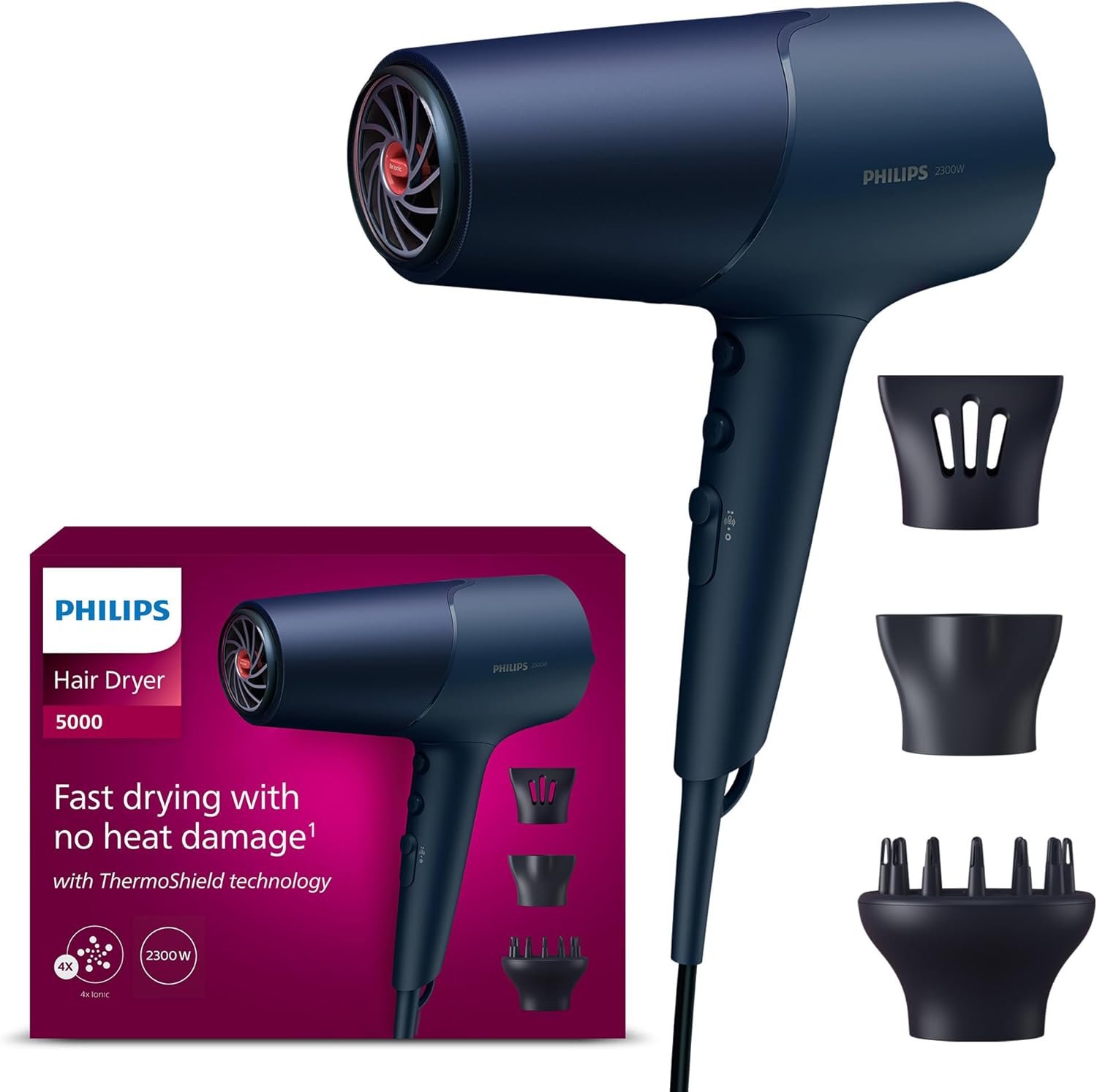 Philips 5000 Series - sèche-cheveux, technologie ThermoShield, ionique, 2 300 W, bleu métallique, avec concentrateur de 9 mm et 11 mm, diffuseur de volume, BHD510/20