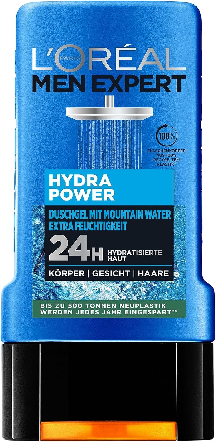 L'Oréal Men Expert Gel douche et shampooing pour homme, bain douche pour nettoyer le corps, les cheveux et le visage, soin du corps pour homme pour une peau hydratée à l'eau de montagne, Hydra Power