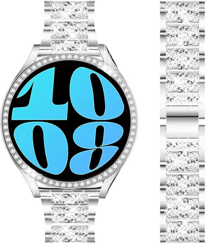 Bracelet compatible avec Samsung Galaxy Watch 6 40 mm/44 mm/Galaxy 6 Classic 43 mm/47 mm, 20 mm avec strass et coque de protection en polycarbonate pour homme et femme