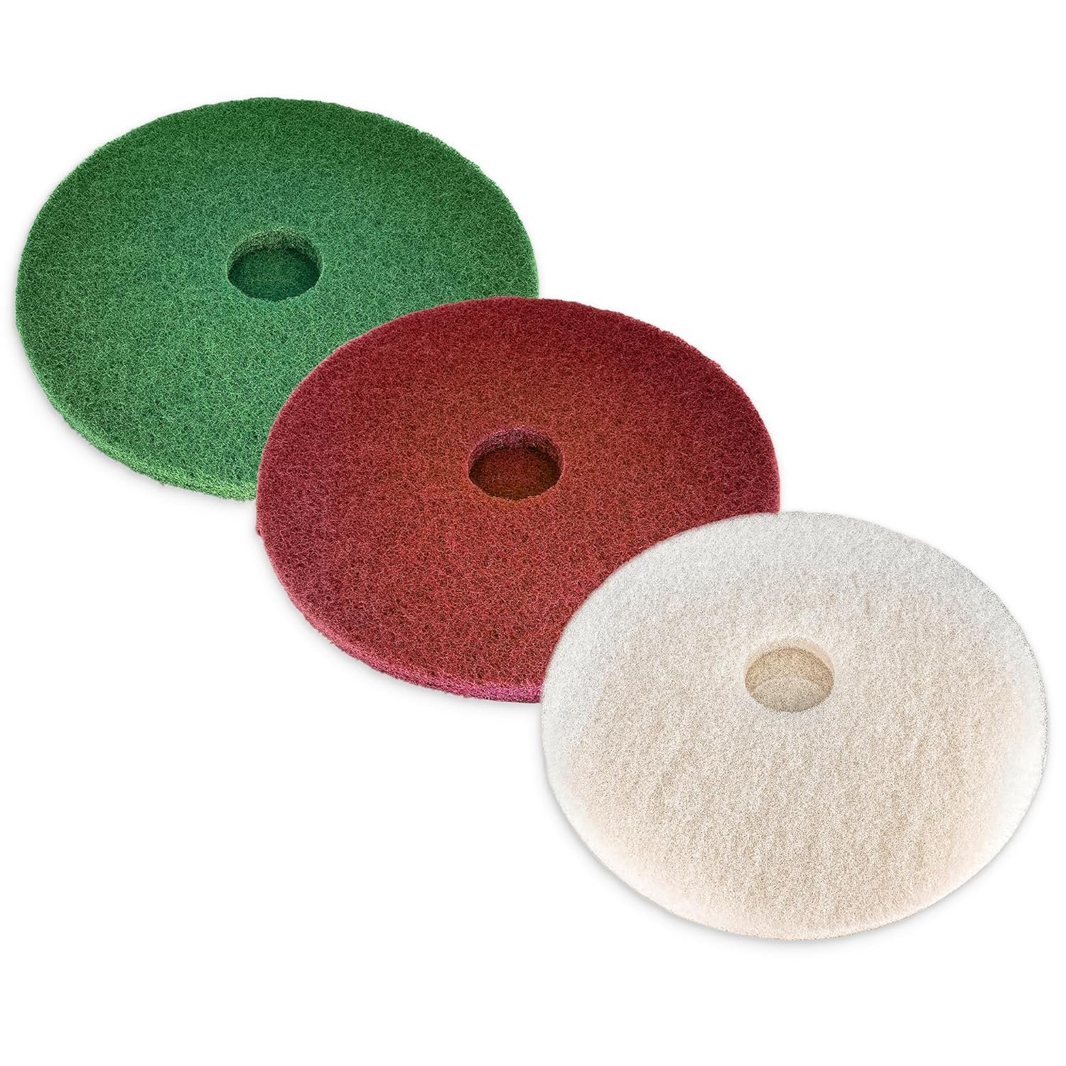 Virginia Abrasives 17" Heavy-Duty Stripping Pads – Thick Non-Woven Floor Pads for Floor Maintenance, Cleaning, Polishing & Synthetic Floor Care with One Each: Green, Red & White Pad (3-Pack)