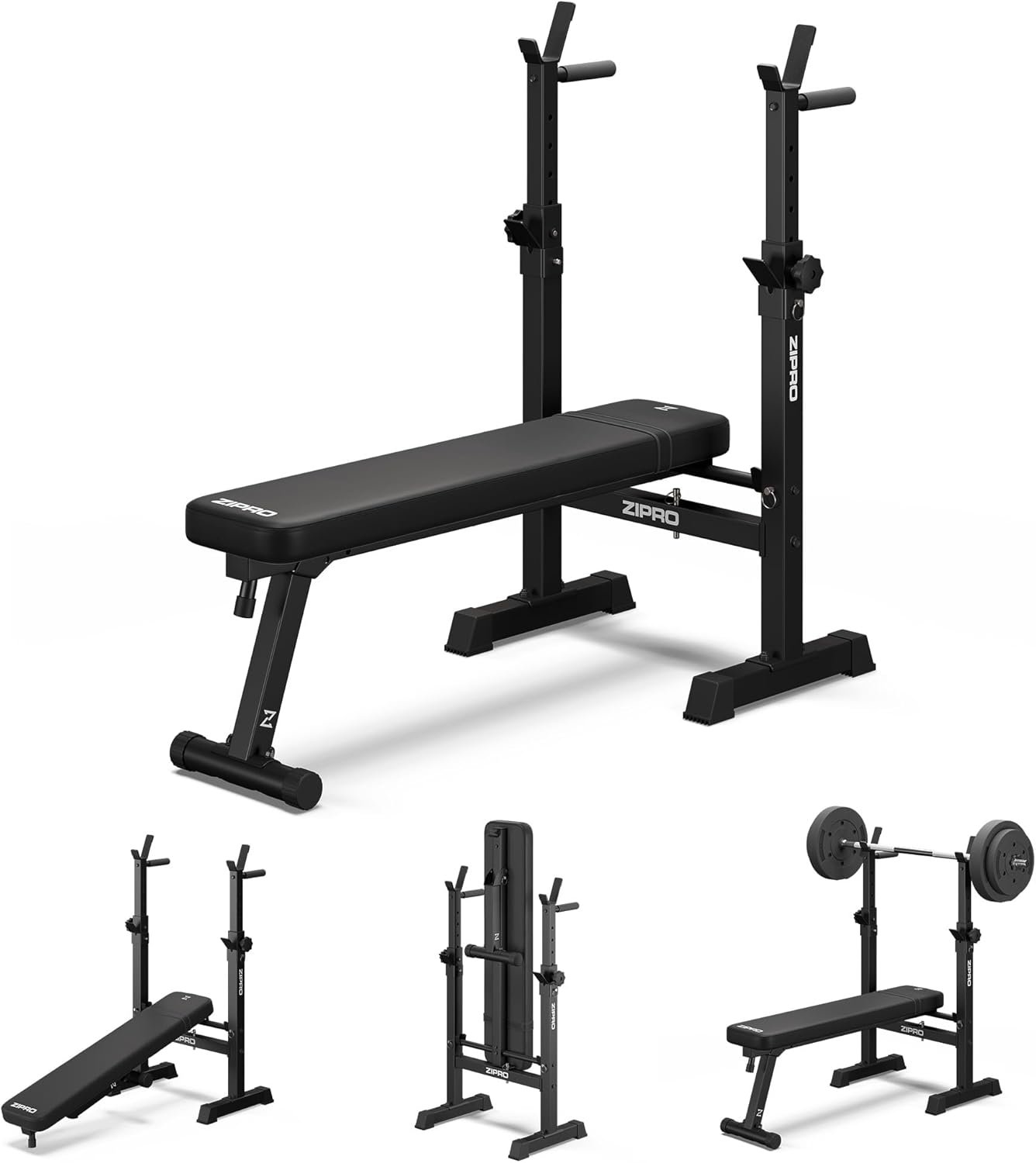 Banc de Musculation pour Développé Couché Banc Plat avec Support Barre Réglable Banc Fitness Pliable avec Poignées de Pompes