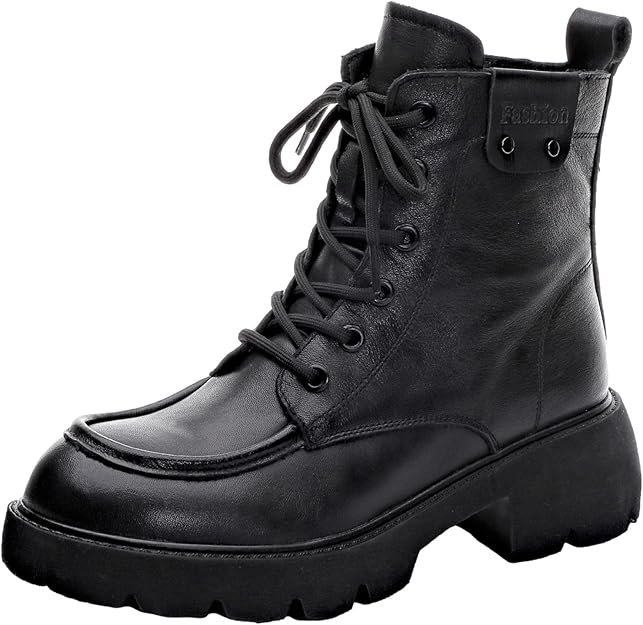 Femmes Lacets Bottines à chevilles avec Zip Talon Grossier Bout Rond Cuir