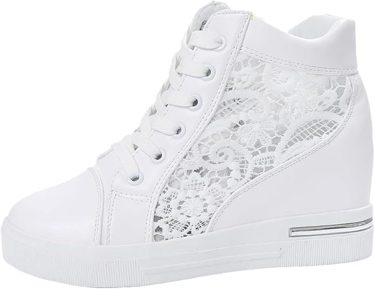 Femme Broderie Dentelle Motif Fleur Évidé À Lacets Talon Compensé Sneaker Confortable Chaussures De Randonnée Décontractées Chaussures De Sport en Plein Air Baskets