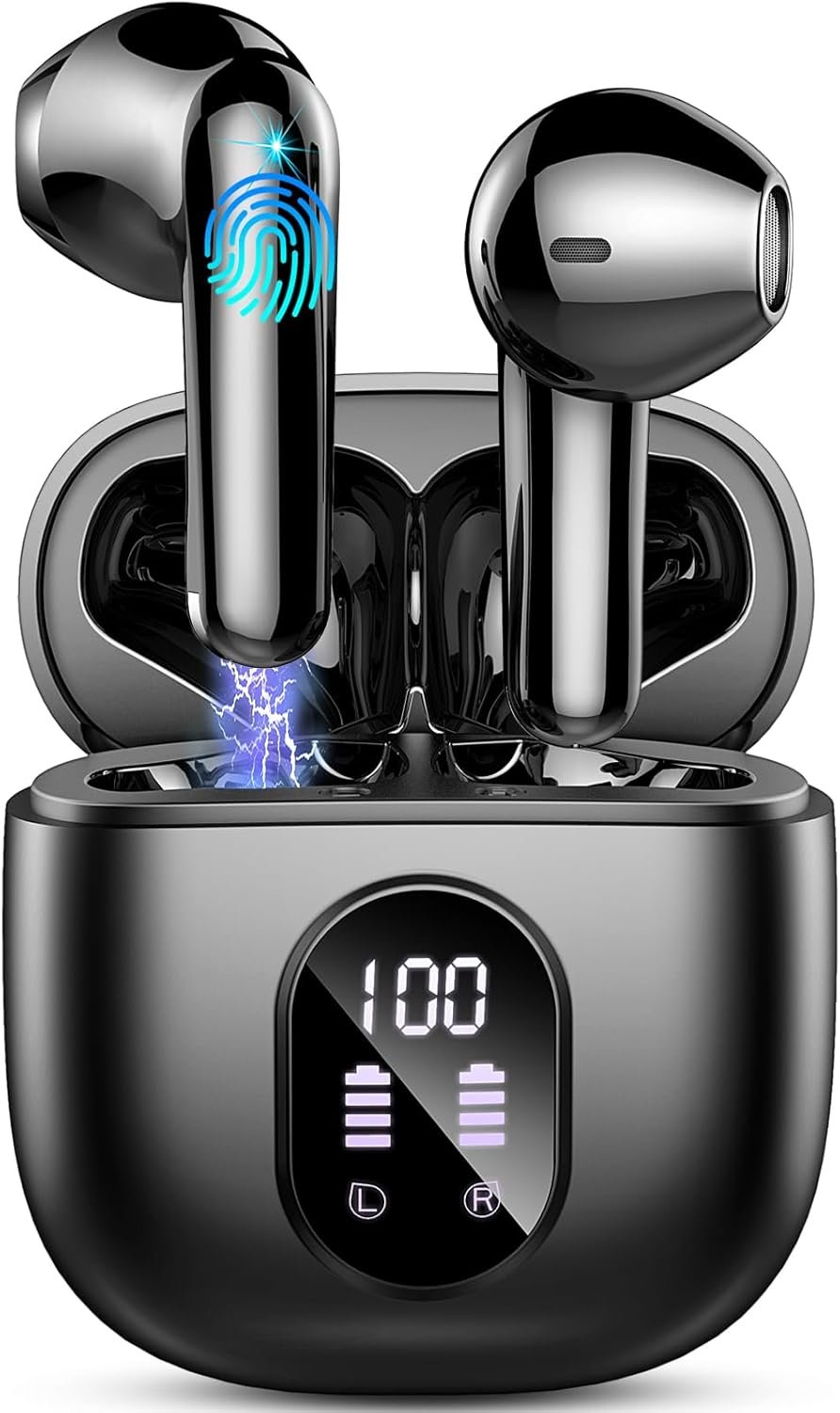 Ecouteurs Bluetooth sans Fil, Écouteurs Bluetooth 5.3 avec HiFi Stéréo Basses Casque, 50H Récréation, 4 ENC Réduction de Bruit Mic, Oreillette Bluetooth Sport IP7 Étanche, Écran LED, pour iOS Android