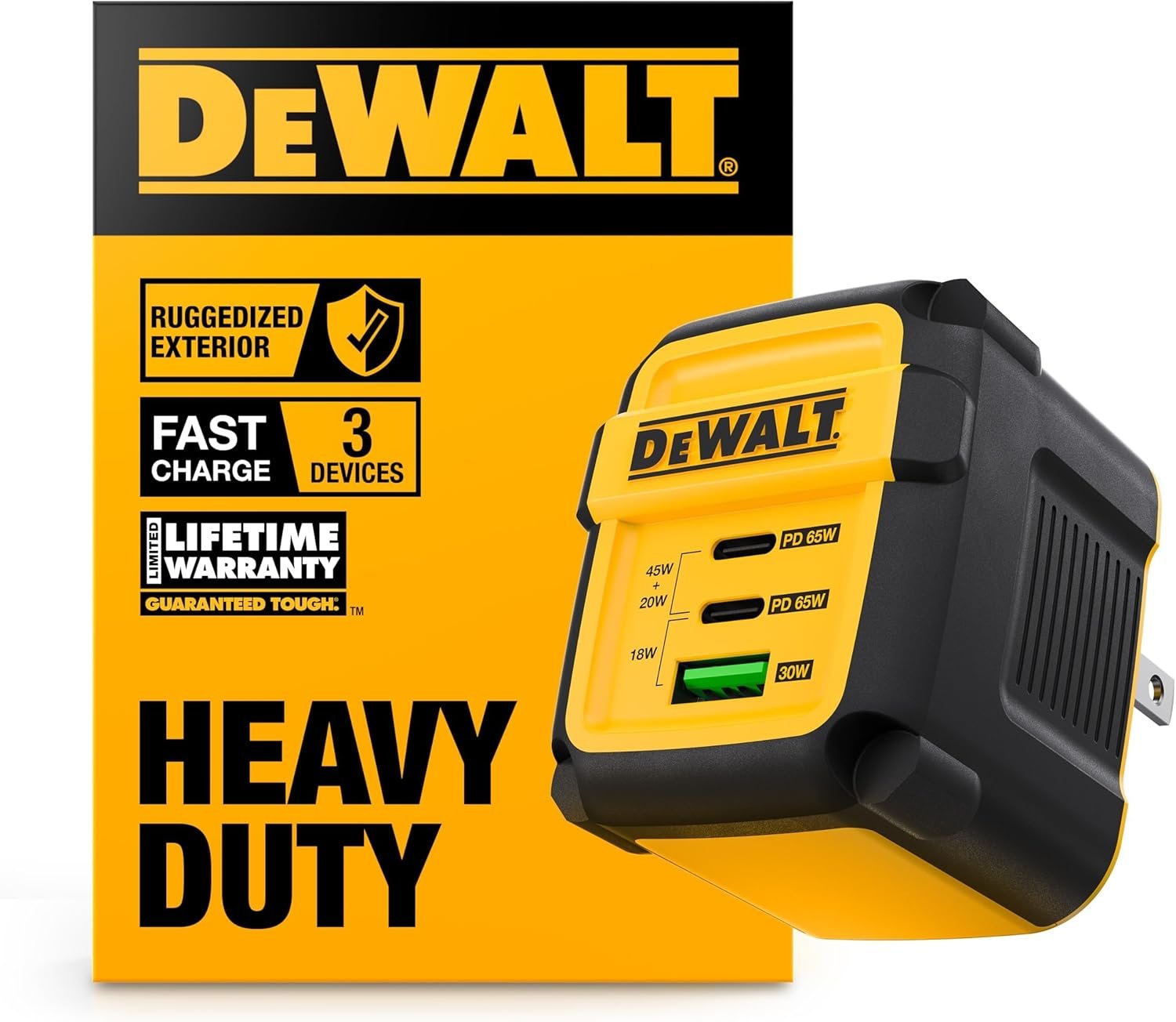 DEWALT Heavy Duty 3 Port Dual USB C Chargeur Bloc, USB C Adaptateur d'alimentation GaN Chargeur (65W), PPS 3 ports compact rapide pliable pour MacBook Pro/Air iPad Pro Galaxy S23 Dell XPS 13 iPhone 17/16/15
