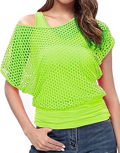 Haut décontracté sexy à épaules dénudées pour femme - T-shirt imprimé lèvres - Tenue fluo des années 80 et 90