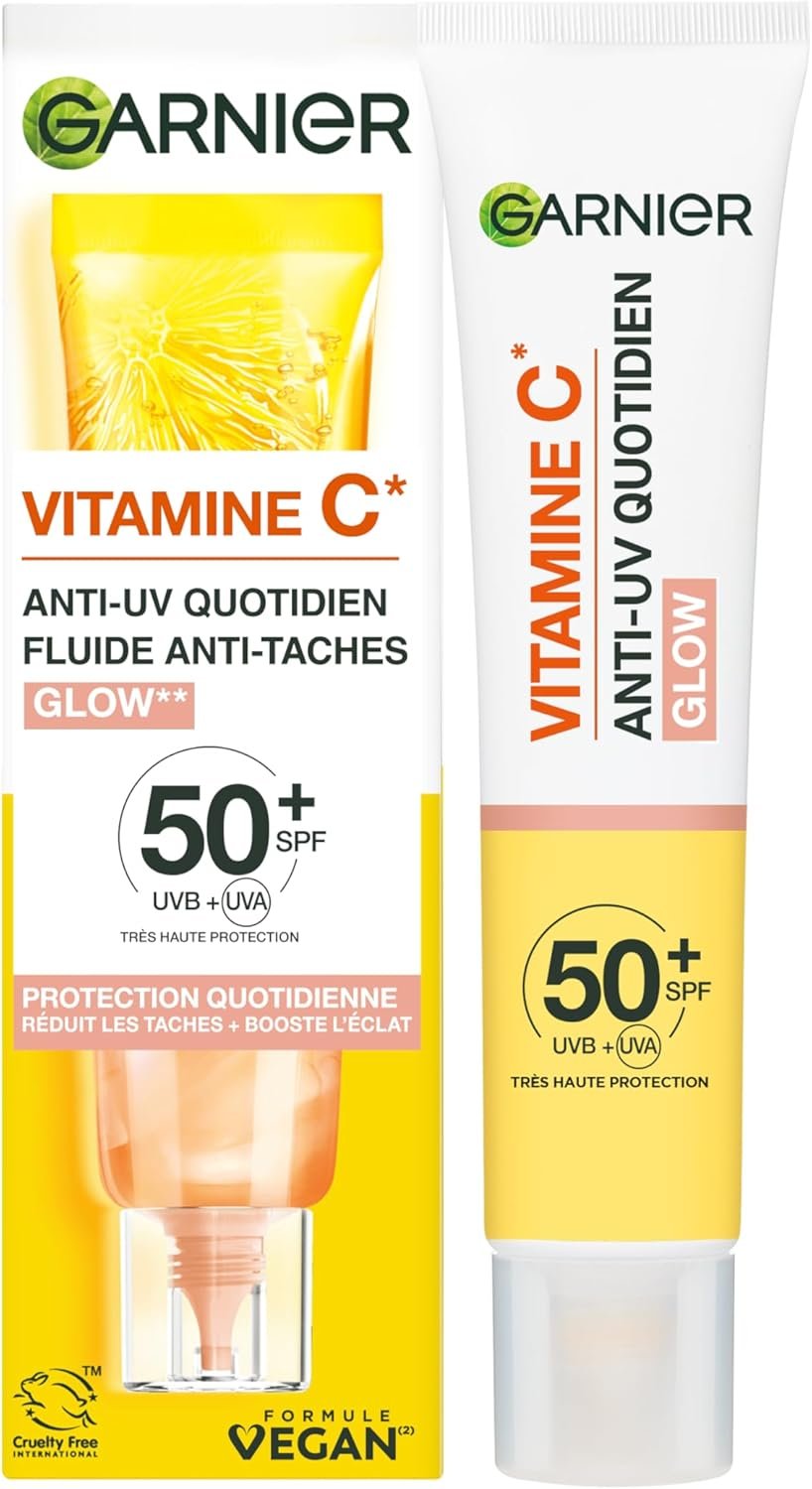 SkinActive - Fluide Anti-Taches & Anti-UV Quotidien - Glow - SPF 50+ - Protège, Réduit les Taches & Booste l'Éclat - Soin Visage Enrichi en Vitamine C - Tous Types de Peau - 40 ml