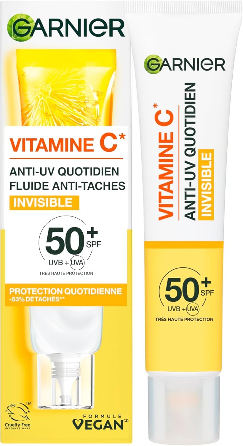 SkinActive - Fluide Anti-Taches & Anti-UV Quotidien - Invisible - SPF 50+ - Protège & Réduit les Taches - Soin Visage Enrichi en Vitamine C - Tous Types de Peau - 40 ml