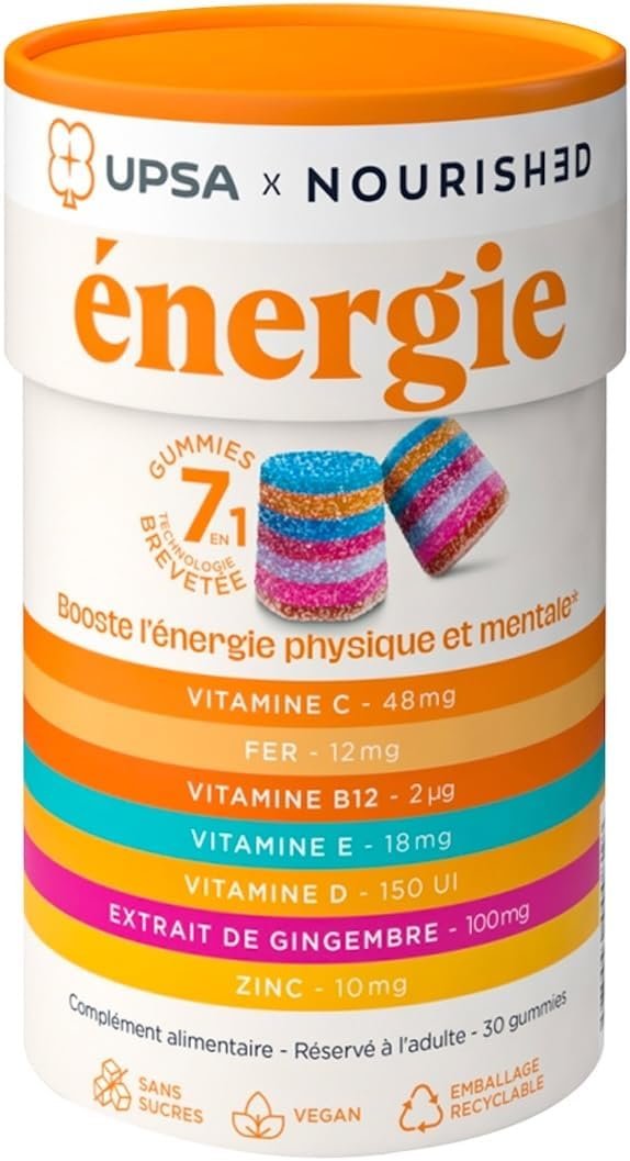 Gummies 7en1 Énergie - Complément Alimentaire Boost Physique & Mental - Fer, Vitamines C, B12, E, D, Zinc & Gingembre - Sans Sucres & Vegan - Goût Fruité - Cure 1 Mois - 30 Gummies - Complement Alimentaire