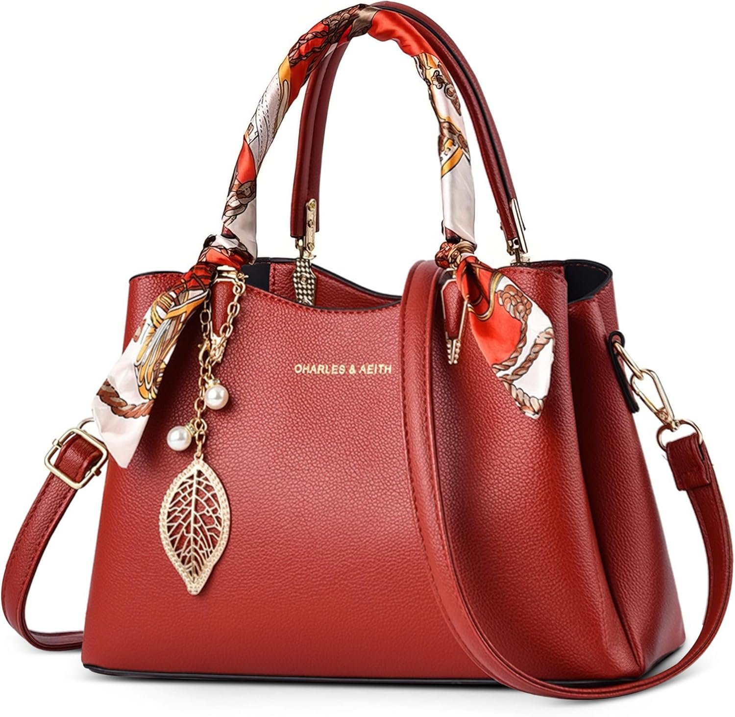 Sac à Main Femme Élégant Sac à Bandoulière avec Ruban Travail Fête Voyage Affaires Moyen Sac Fourre Tout PU Cuir Imperméable Sac De Messager Exquis Feuille Pendentif