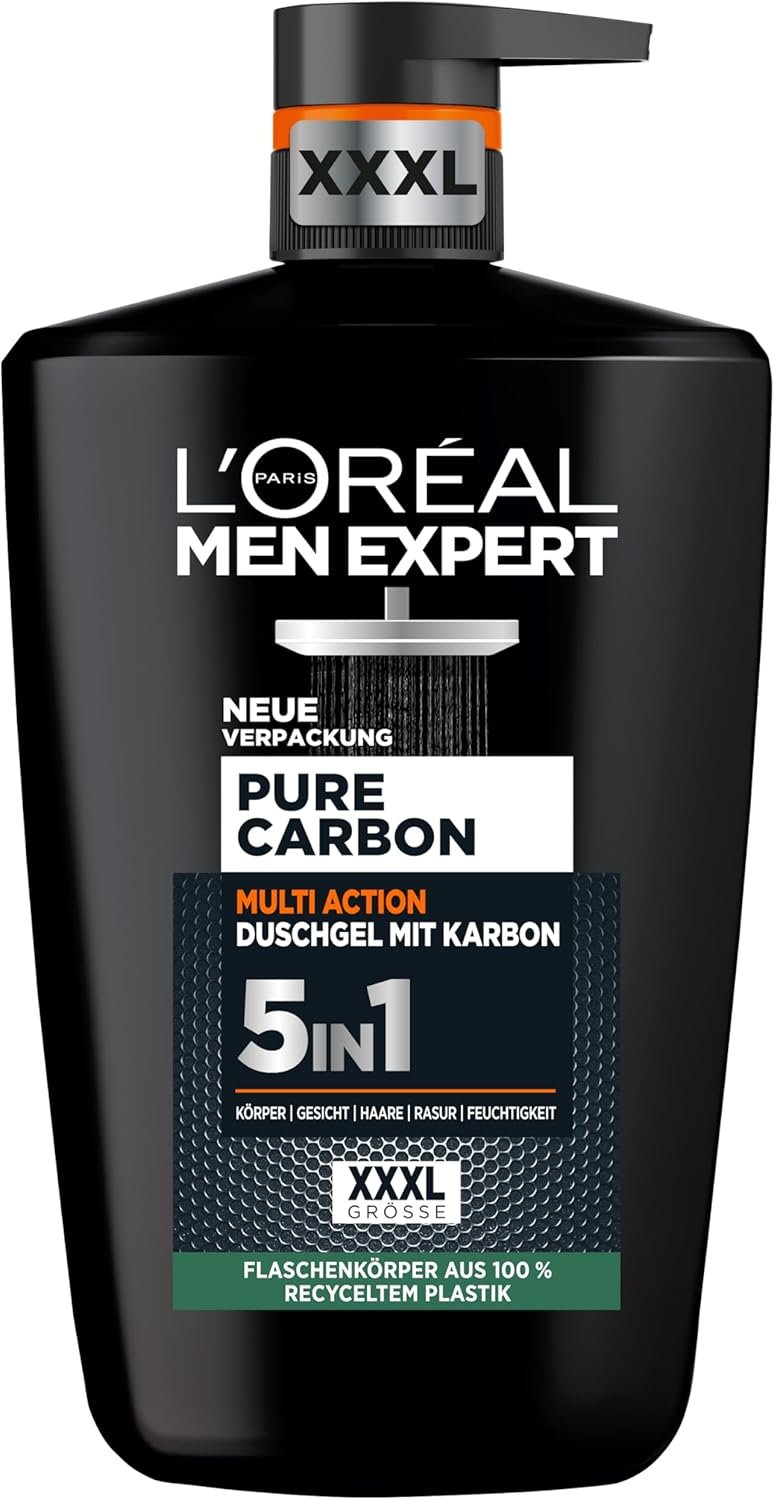 L'Oréal Men Expert XXXL Gel douche et shampooing 5 en 1 pour homme, bain douche pour nettoyer le corps, les cheveux et le visage, soin du corps pour homme pour une fraîcheur longue durée au carbone, 1