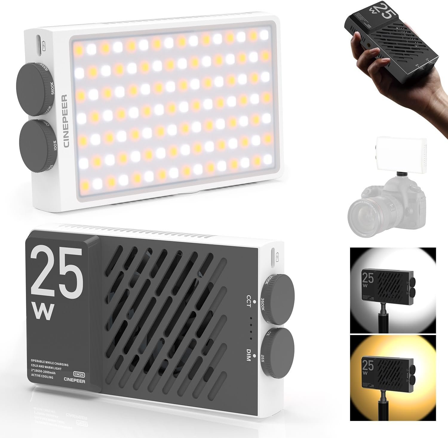 CINEPEER CM25 Lumiere Video LED, 25W Eclairage Video Bi-Color avec 3360 Lux et 2700-6200K, CRI 96+, Batterie 4000mAh, 232g Streaming Lampe pour Vidéo/Photo/Caméra/Streaming
