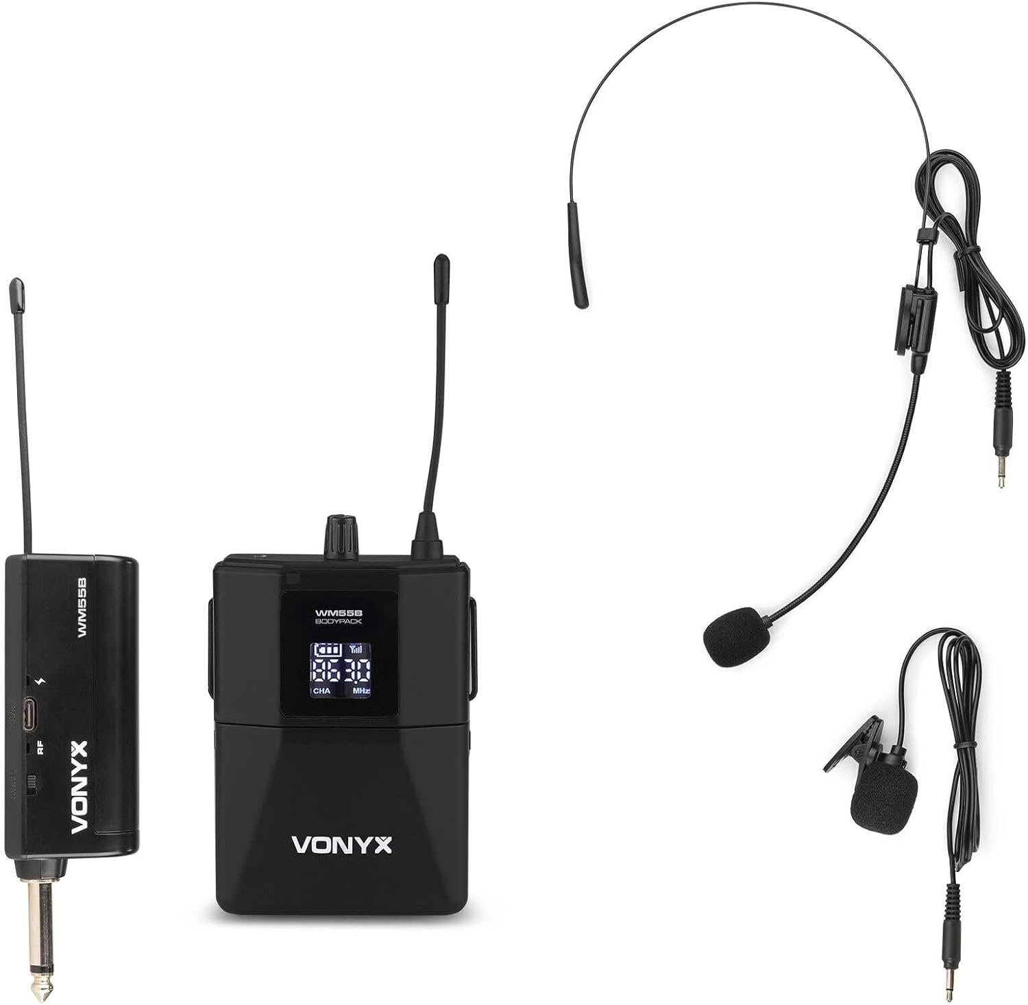 WM55B Ensemble Microphone sans Fil UHF et Émetteur BodyPack 10 Canaux | Micro Casque et Cravate pour Plateaux TV, Productions et Animateurs, Transmission Sans Fil Stable et Usage Professionnel
