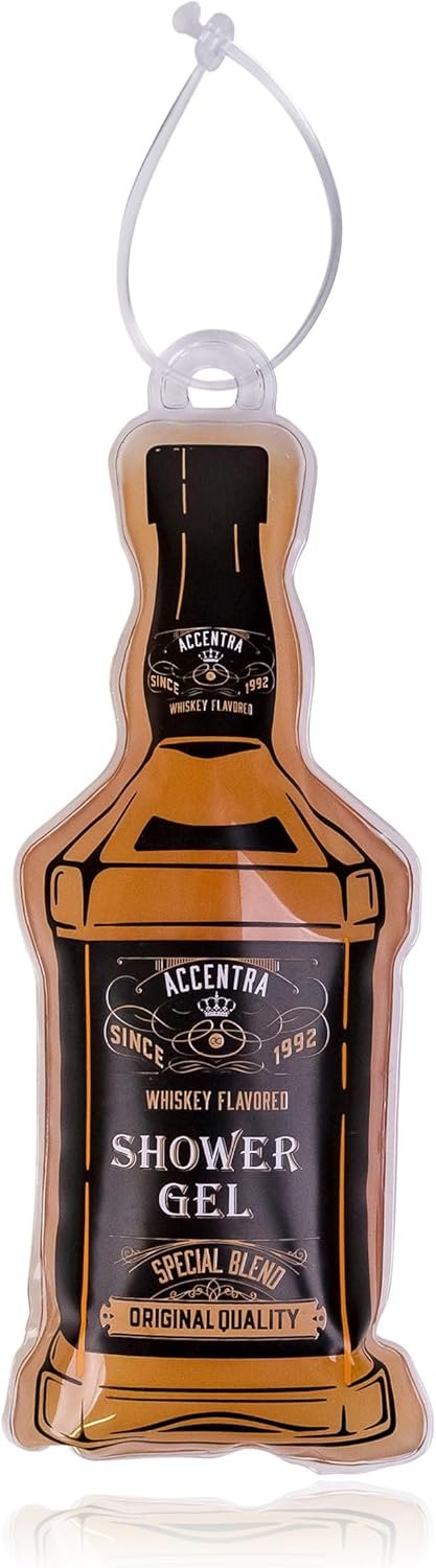 Accentra Maxi gel douche WHISKEY FLAVOR aspect bouteille de whisky avec crochet de suspension, 200 ml gel douche avec parfum whisky – Idée cadeau fantastique pour la fête des pères, un anniversaire ou