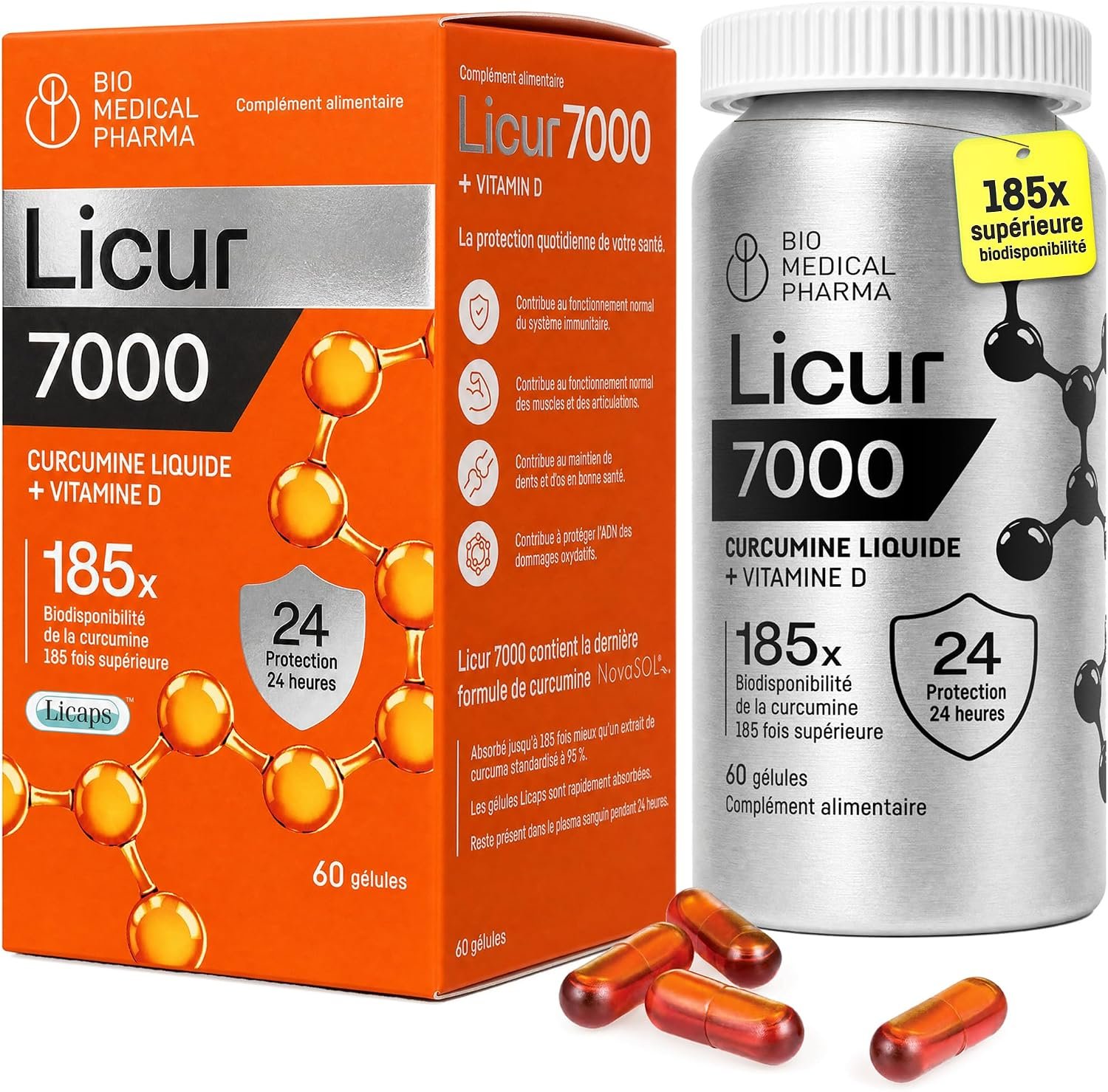 Curcumine micellaire NovaSOL avec D3, sans pipérine – 60 gélules 185× plus biodisponible que la poudre de curcumine native; la vitamine D contribue à l’immunité et aux muscles