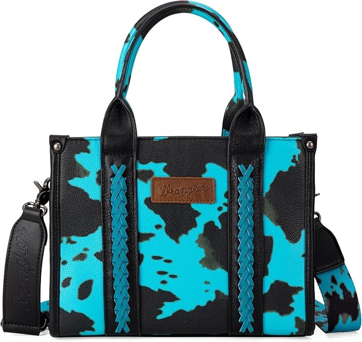 Sac fourre-tout imprimé vache Pour femme, sac à main style western bohème avec poignée sur le dessus(Vache Turquoise)