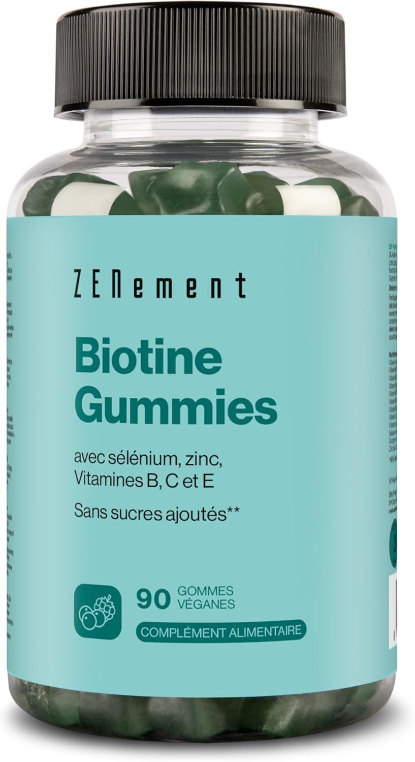Biotine Gummies pour Cheveux, Peau et Ongles - Sans Sucres ni Édulcorants Ajoutés - avec Sélénium, Zinc et Vitamines A, C, E et du groupe B - 90 gommes Véganes -Saveur Fruits des Bois - Complement Alimentaire