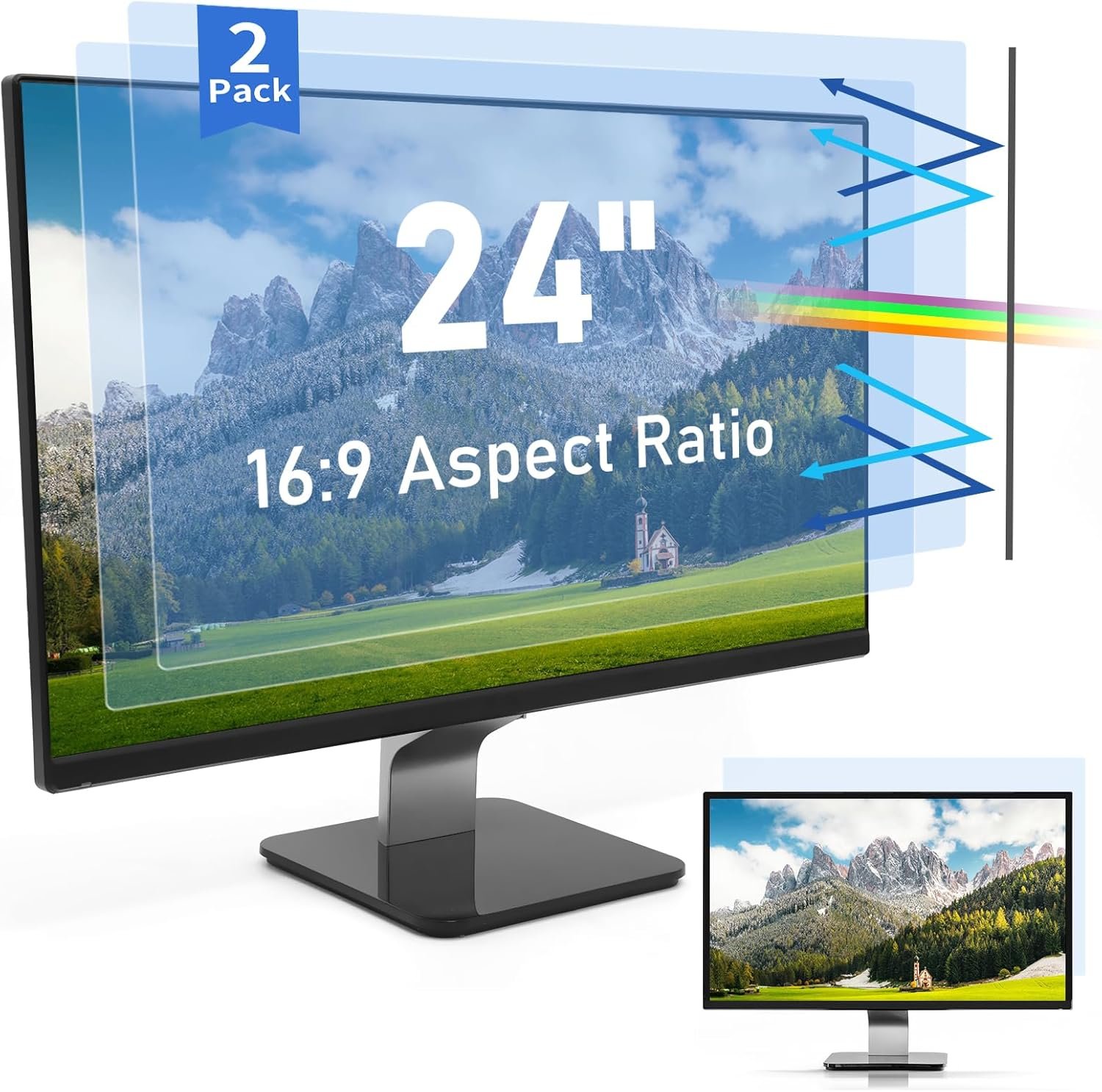 Lot de 2 films protecteurs d'écran anti-lumière bleue pour écran large 16:9, anti-UV et anti-lumière bleue pour moniteurs Samsung/Dell/Lenovo/HP/Acer/ASUS (24", 16:9)