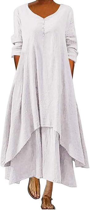 Robe en lin Femmes Manches Longues Maxi Robe Irrégulière Hem Printemps Flowy Beach Mariage Solide Couleur 2 Pièces Robes longues